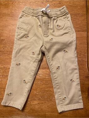 Janie and Jack Tan Chino Pants with Embroidered Puppies